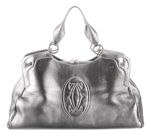 Cartier Marcello De Handbag Metallic Silver Leather Large Top Handle Bag Tote