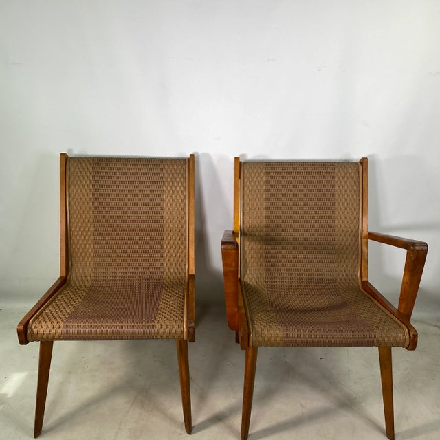Mid Century Jen Risom Style Chairs - Set of 2 with finish loss and discoloration due to age and use.