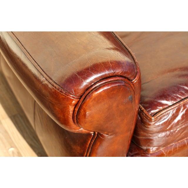 Vintage Art Deco Distressed Brown Leather Three-Seat Sofa With Mustache Back For Sale In Los Angeles - Image 6 of 18