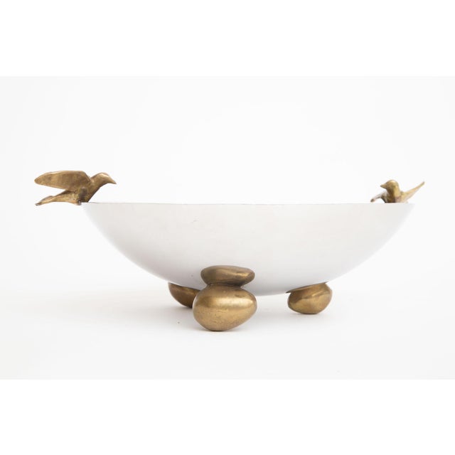 Nickel Silver and Brass Dove Bird Bowl With 3 Brass Ball Feet Vintage