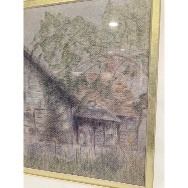 Mid 20th Century Vintage Framed Weathered House Charcoal Drawing For Sale - Image 5 of 8