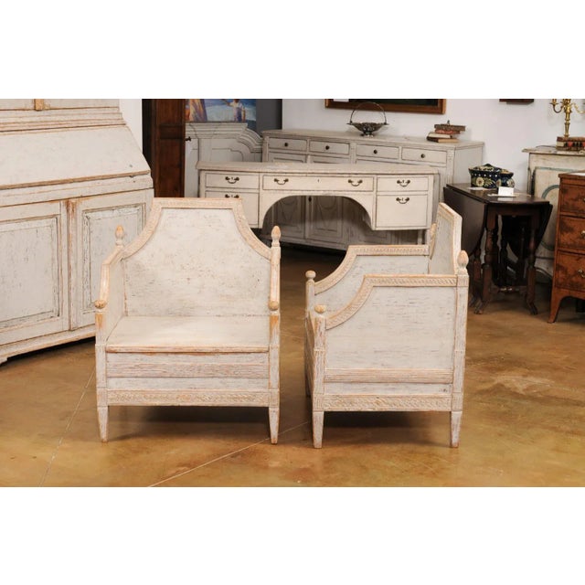 Neoclassical Style 1850s Gray Painted and Carved Armchairs with Guilloches, Pair For Sale - Image 11 of 12