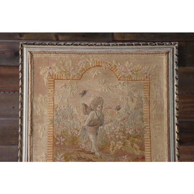 Antique French Needlepoint Firescreen | Louis XVI Style Hand-Painted & Gilt Wood Fireplace Screen | Cherub Tapestry For Sale - Image 12 of 18