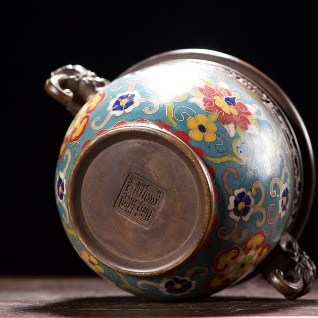 This striking vintage censer (incense burner) is a beautiful example of traditional cloisonné enamel craftsmanship. The...