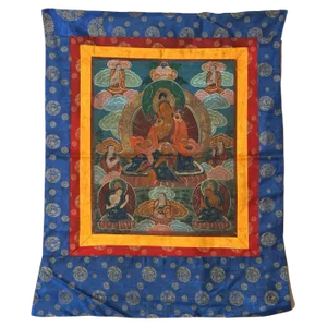 Antique Tibetan Hand Painted Silk and Canvas Thangka with Figures, Circa 1920