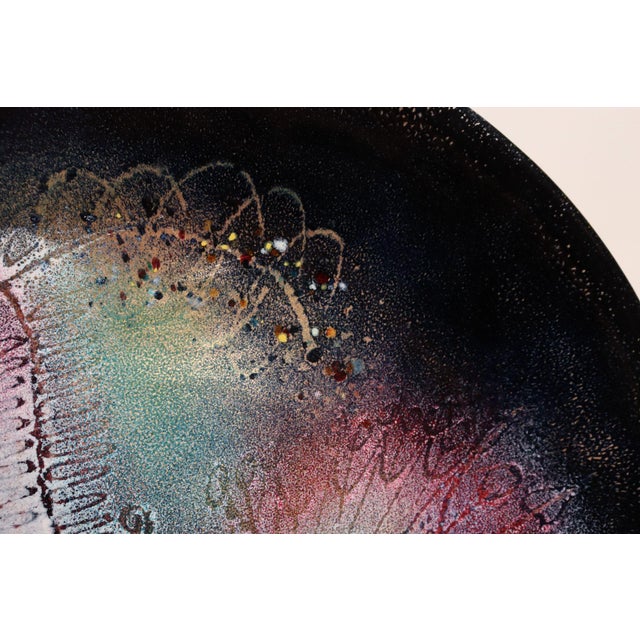 Large Vintage Enamel on Copper Sgraffito Peacock Decorative Plate by Arpad Rosti For Sale - Image 10 of 13