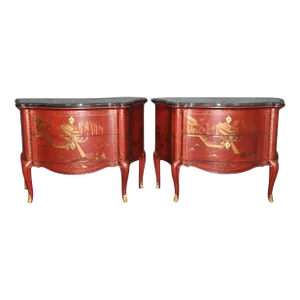 Marble Top Red Chinoiserie E.J. Victor French Louis XV Commodes - A Pair