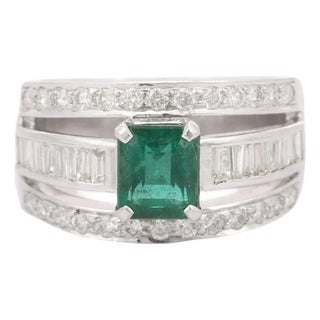 Emerald Diamond Engagement Band Ring, 1.36ct in 18k White Gold Size 7 For Sale