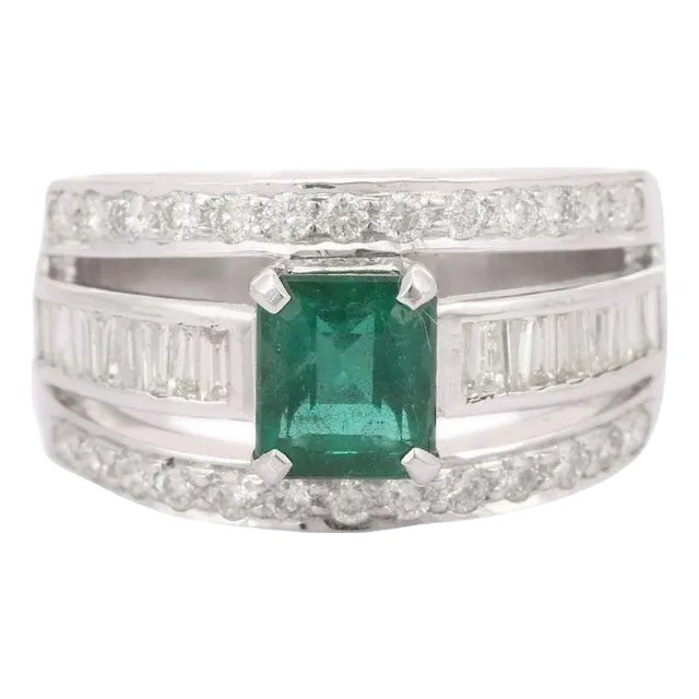 Emerald Diamond Engagement Band Ring, 1.36ct in 18k White Gold Size 7 For Sale