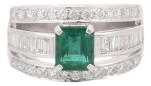 Emerald Diamond Engagement Band Ring, 1.36ct in 18k White Gold Size 7