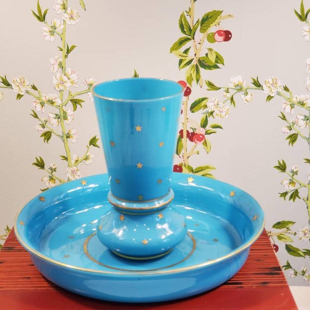 Blue Beautiful PV blue opaline glass vase and matching plate // rare gold stars // Portieux Vallerysthal // french blue // vintage glassware // For Sale - Image 8 of 10