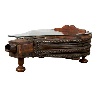 19th Century French Medieval Blacksmith Forge Bellows Coffee Table W/ Glass Top For Sale