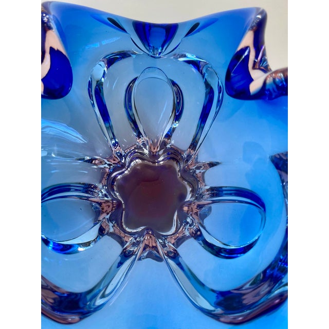 Mid-Century Modern Vintage Bohemia Czech Cobalt Blue & Pink Art Glass Centerpiece Bowl For Sale - Image 3 of 11