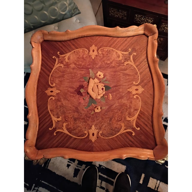 Wood Intervention No, 16 Mid-Century Italian Hollywood Regency Gilt Cherub Table With Floral Marquetry Top For Sale - Image 7 of 12