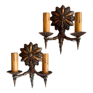Bronze Double Candle Starburst Wall Sconces in Original Patina, Circa 1920 - Set of 2 For Sale
