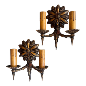 Bronze Double Candle Starburst Wall Sconces in Original Patina, Circa 1920 - Set of 2