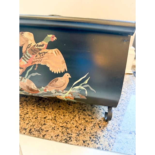 Traditional Vintage Hand-Painted Tole Magazine or Vinyl Records Rack – Pheasants & Meadow Scene For Sale - Image 3 of 11