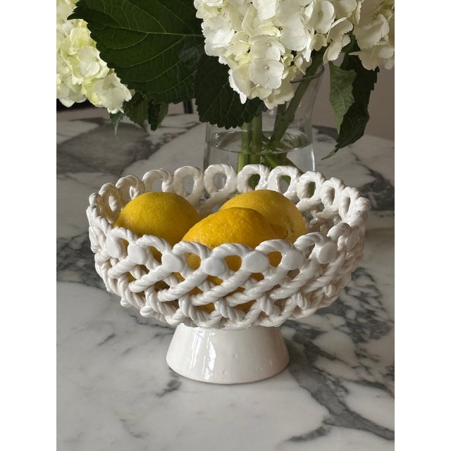 Vintage White Braided Ceramic Rope Pedestal Bowl / Fruit Bowl ORIGIN: Spain MAKER'S MARK: Paper label on bottom CIRCA:...