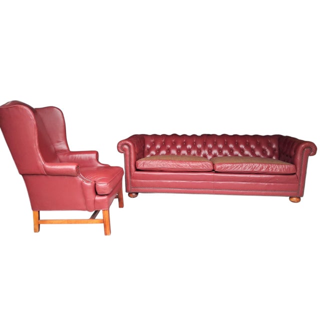Brick Red Vintage-Inspired 3-Piece Leather Living Room Set With a Tufted Chesterfield Sofa, a Classic Wingback Armchair & Rectangular Ottoman. For Sale - Image 8 of 12
