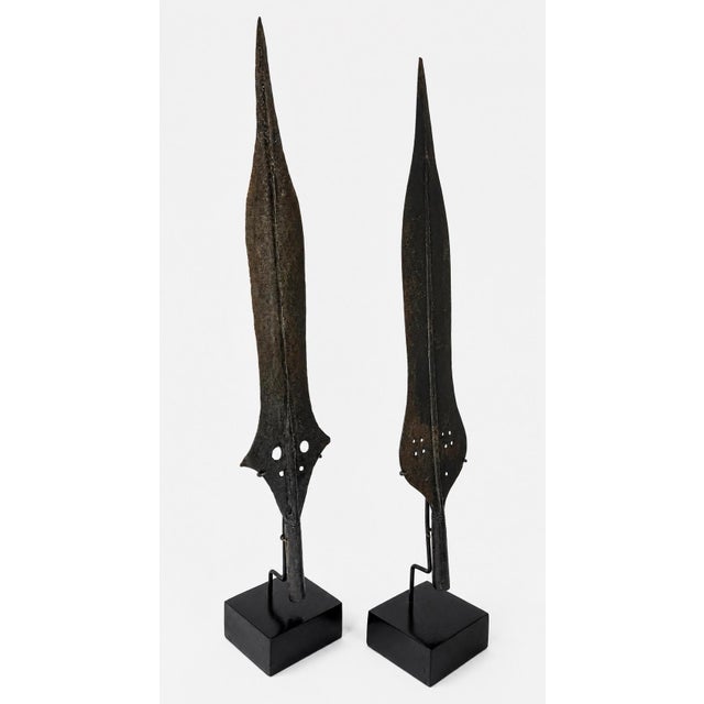 Tribal Early 20th Century Pair of African Hand-Forged Iron Spearheads on Custom Stands For Sale - Image 3 of 12