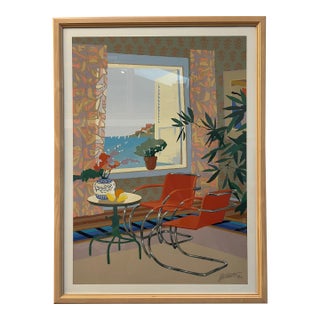 Max Hayslette Signed Vintage Serigraph “Interior With Mies” – Modernist Interior With Mies Chairs & Ocean View For Sale