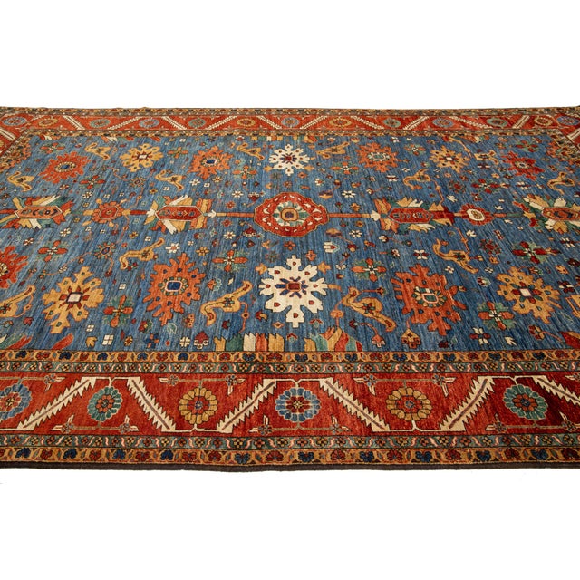8 X 14 Contemporary Serapi-Style Blue Wool Rug Featuring a Floral Design For Sale - Image 9 of 10