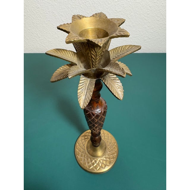 1970s Hollywood Regency Brass, Wood and Metal Palm Tree Candlesticks - A Pair For Sale - Image 4 of 5