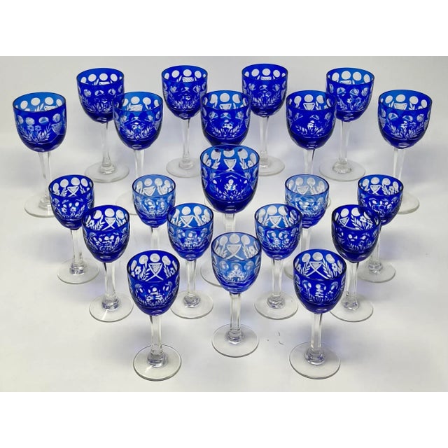 1940s Cobalt Cut to Clear Czech Crystal Hock Wine & Cordial Glasses - 21pc.Set For Sale - Image 12 of 12