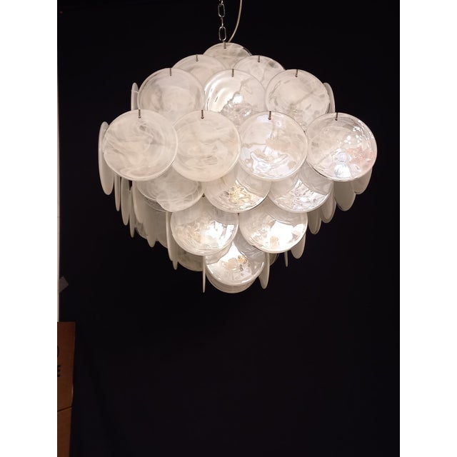 Glass Vintage Alabaster White Murano Glass Disc Chandelier in the style Mazzega, Venice, Italy, 1981 For Sale - Image 7 of 10