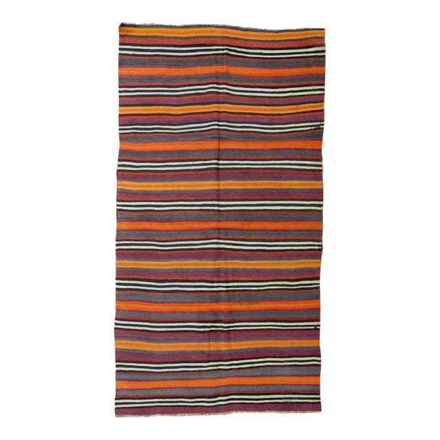 Vintage Turkish Striped Kelim Rug - 4`11" X 8`2" For Sale