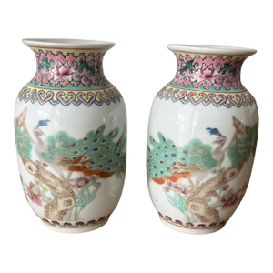Antique Famille Rose Petite Pastel Peacock Vases-a Pair