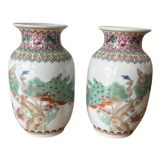Antique Famille Rose Petite Peacock Vases-a Pair For Sale