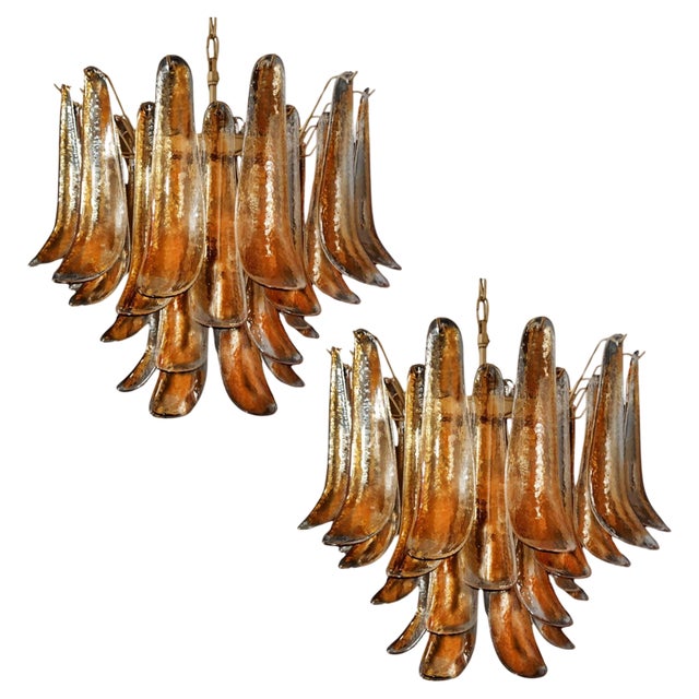 Italian Amber Murano Glass Petal Chandeliers, Set of 2 For Sale