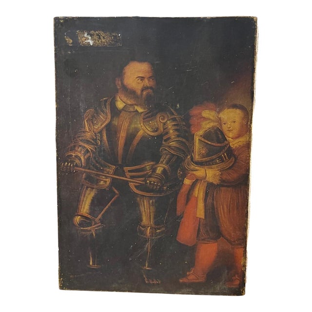 Vintage Old Master Style Portrait of Armored Nobleman With Child For Sale