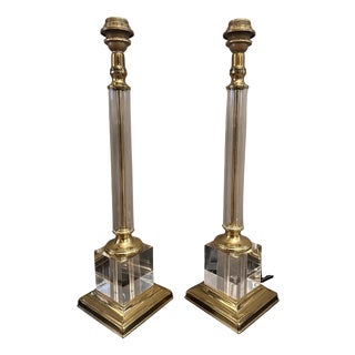 Vintage Column Table Lamps in Acrylic and Lacquered Brass, 1980, Set of 2 For Sale