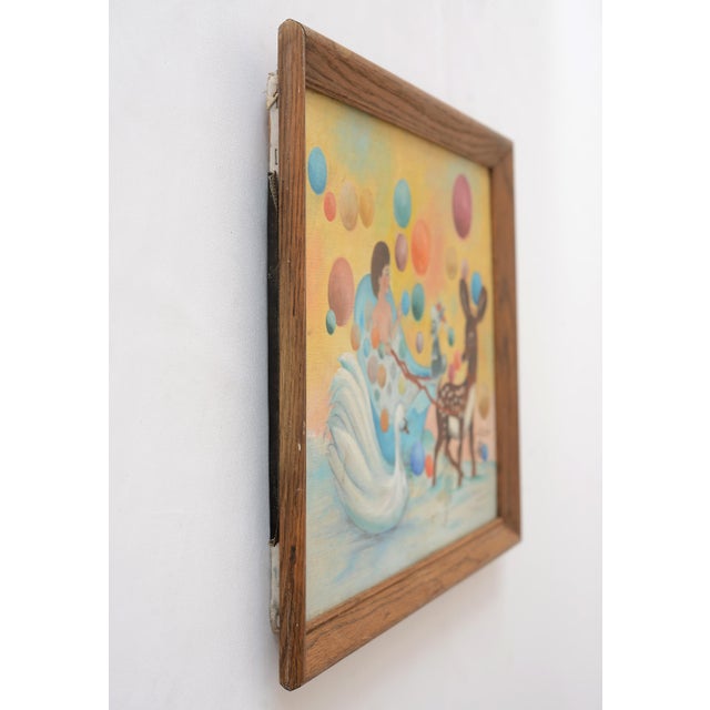Absolutely bizarre, quirky and playful vintage surrealist Christmas-themed painting depicting a young boy enjoying his...