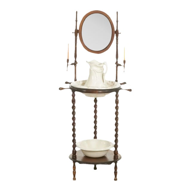Late 19th Century Victorian Wood Wash Stand With Barley Twist & Swivel Mirror For Sale