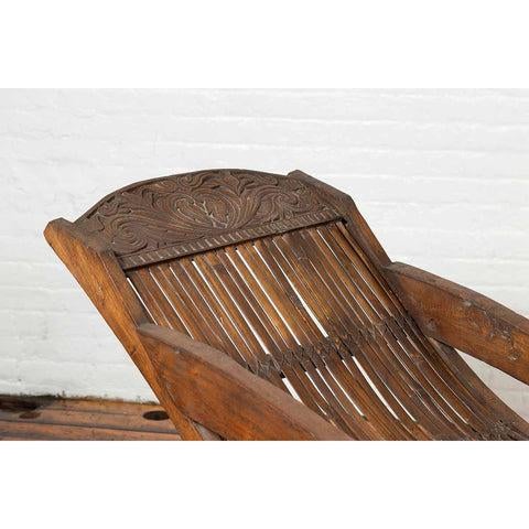 Antique Indonesian Reclining Plantation Chair with Bamboo Slats and Carved Decor For Sale - Image 9 of 11