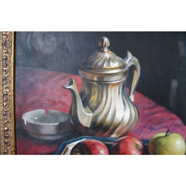20th Century Italian Still Life Oil Painting Pitcher & Fruit Gilt Frame For Sale - Image 12 of 13