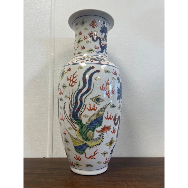 1990s Vintage Japanese Hand Painted Cantonware Porcelain Dragon Peacock 14" Vase For Sale - Image 5 of 5