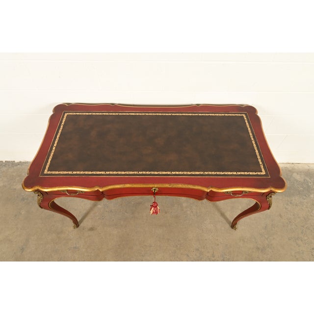 John Widdicomb French Louis XV Red Lacquered Leather Top Bureau Plat Desk With Mounted Bronze Ormolu For Sale - Image 10 of 13