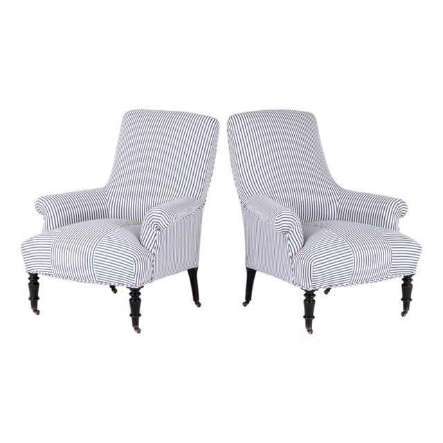 French Chairs in Princeton Ticking, Set of 2 For Sale