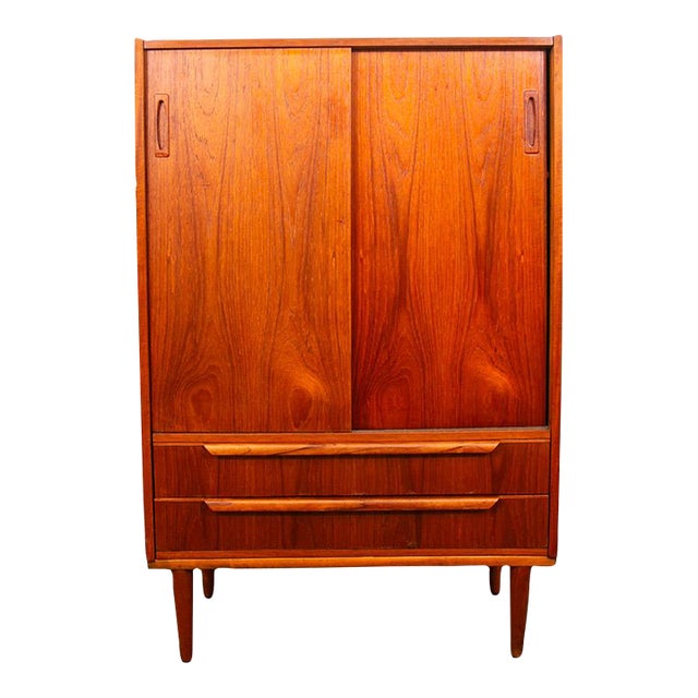 Mid Century Danish Cabinet Highboy Solid Teak Denmark Drawer Sliding Doors Shelf For Sale