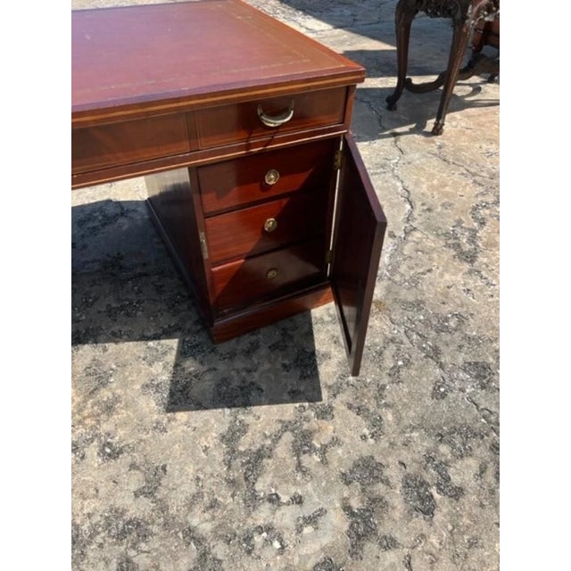 Antique English Mahogany Inlaid Partner Desk Leather Top Circa 1890 For Sale In West Palm - Image 6 of 7