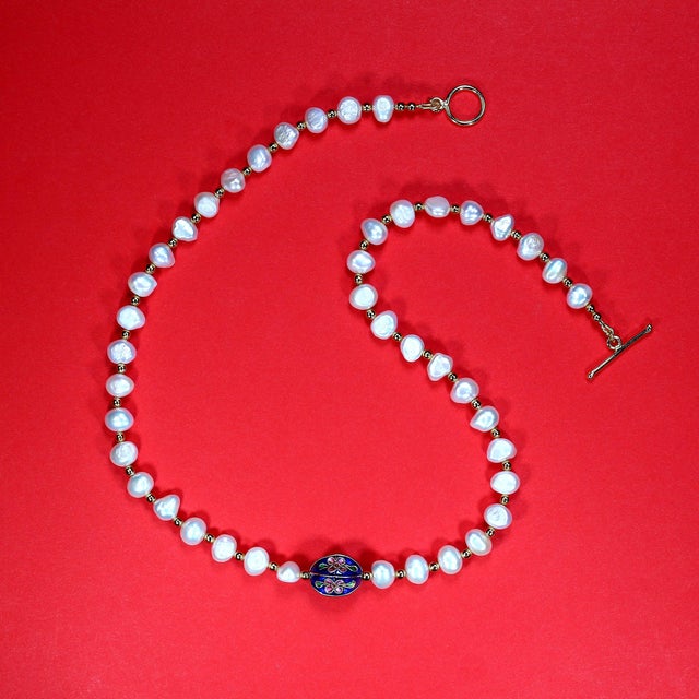 Ajd 19 Inch Double Shine White Pearl Necklace With Cloisonné Focal For Sale In Raleigh - Image 6 of 6