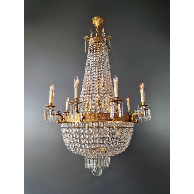Baroque 1910s Empire Brass Crystal Lustre Chandelier Ceiling Light For Sale - Image 3 of 12