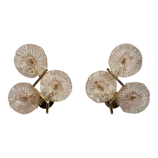 Pair of Murano Pink Flower Wall Sconces For Sale