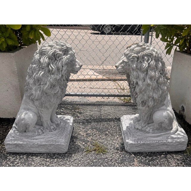 Pair of Weathered Concrete Garden Lions Handsome pair of concrete garden lion statues with great presence and a...