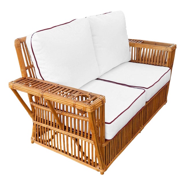 1990s Art Deco Style "Presidents" Stick Reed Rattan 2-Seat Settee Sofa For Sale
