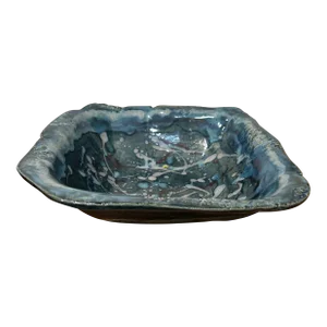 Vintage Studio Art Pottery Stoneware Rustic Blue Green Glazed Scalloped Square Dish Stamped on Bottom
